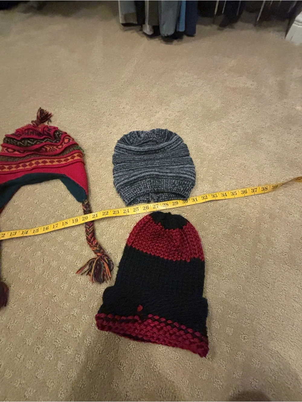 Lot of 7 Knit Beanies and Earflap Hat - Red, Gray, Black, Orange